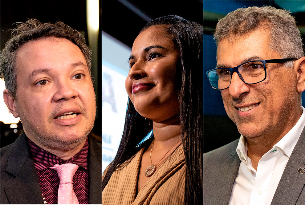 montagem de fotos mostra, da esquerda para a direita, adriano furtado, diretor de projetos estratégicos da universidade federal do pará, zamara pinheiro, aluna de letras da federal, e munir skaf, pró-reitor de pesquisa da unicamp