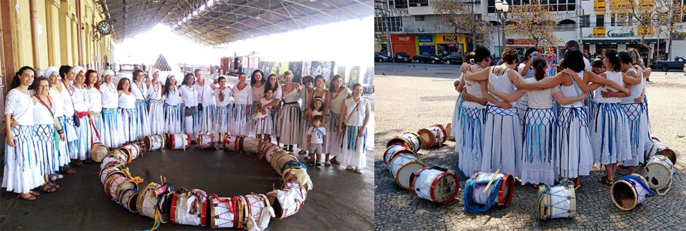 Fotos 1 e 2: Grupo Caixeiras das Nascentes realiza aula aberta para iniciantes no Armazém Menor, sábado à tarde, no CIS-Guanabara