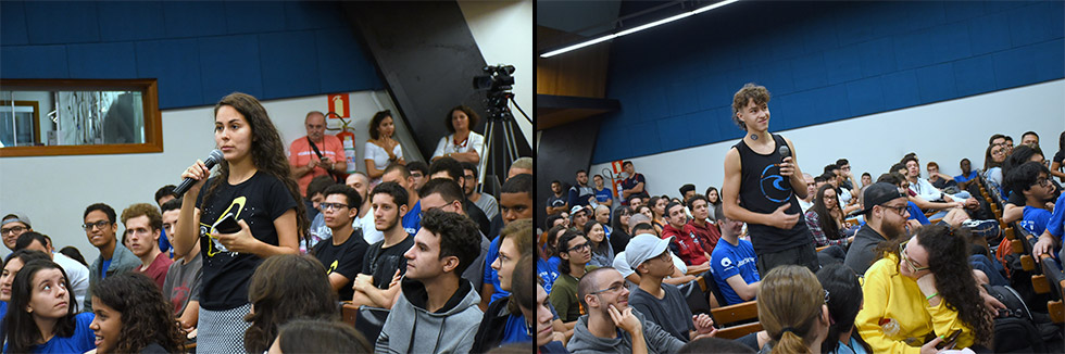 fotos mostram alunos em pé, no meio da plateia, com o microfone nas mãos