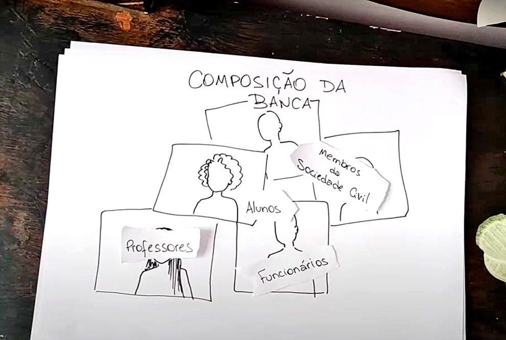 audiodescrição: print de tela do youtube de imagem onde aparece uma mão desenhando em um papel; o desenho mostra a composição da banca de averiguação