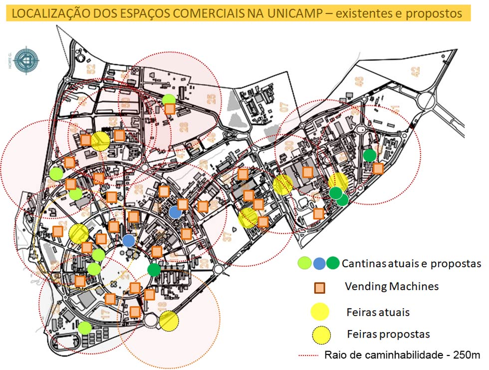 audiodescrição: mapa colorido do campus de barão geraldo com os pontos de alimentação previstos