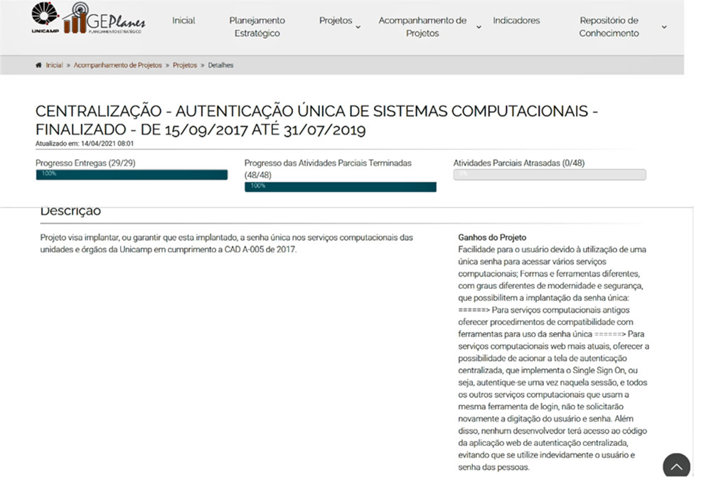 Figura: Projeto Estratégico Centralização – autenticação única de sistemas computacionais. Fonte GePlanes/CGU.