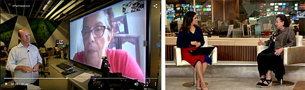 Dilene do Nascimento (esq.) e Margareth Dalcolmo, ambas da Fiocruz, concedem entrevista à TV Globo. Elas passaram a incluir o atendimento à mídia em suas rotinas de trabalho em meio à pandemia. Crédito: Divulgação Fantástico e Globo News