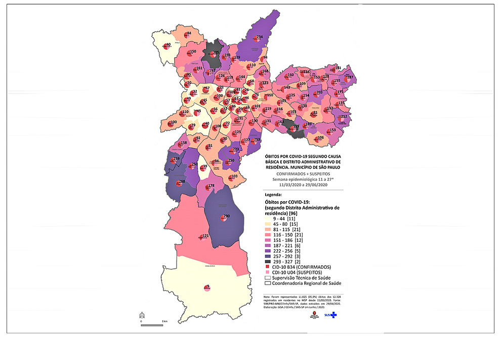 Distribuição dos óbitos por Covid-19 nos distritos do Município de São Paulo até 29 de jun. 2020.   (Imagem: Divulgação/PMSP)