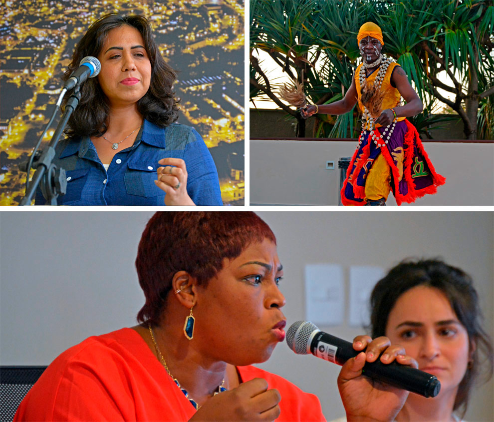 A cantora palestina Oula Al-Saghir (alto à esquerda) se apresentou no encerramento das atividades, Edou Abour (alto à direita) exibiu a dança tradicional do Togo e  Hortense 