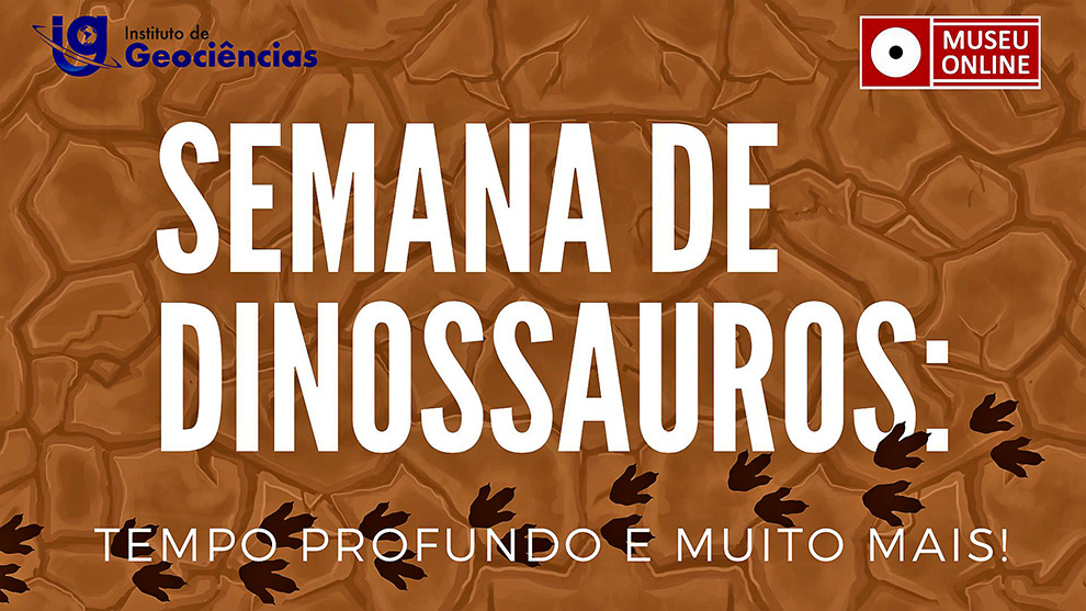 audiodescrição: ilustração colorida de divulgação da semana de dinossauros