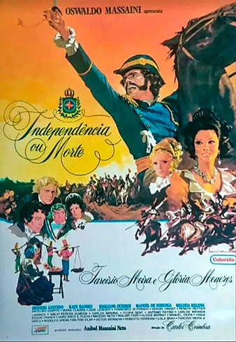 Reprodução de cartaz de um filme onde aparece um homem branco que usa uniforme, chapéu com pluma e empunha espada.