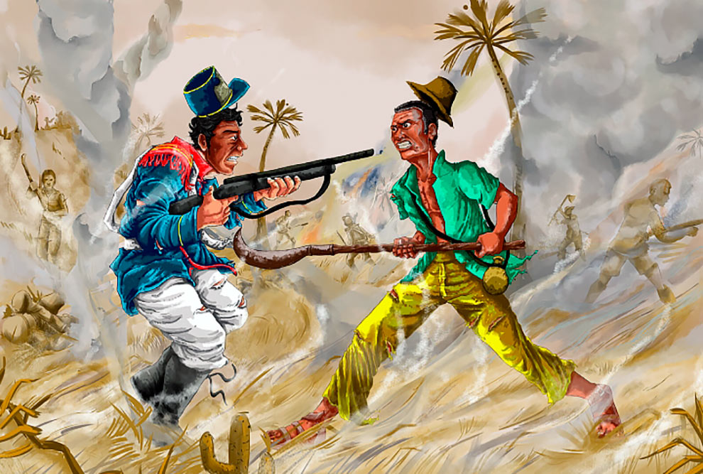 A independência do Brasil foi um processo longo e violento. Na Batalha do Jenipapo, no Ceará, morreram mais de 200 pessoas entre piauienses, maranhenses e cearenses que lutavam contras as tropas portuguesas. Na imagem, a pintura “Batalha do Jenipapo”, Piauí (2019). Crédito: Claudio Oliveira