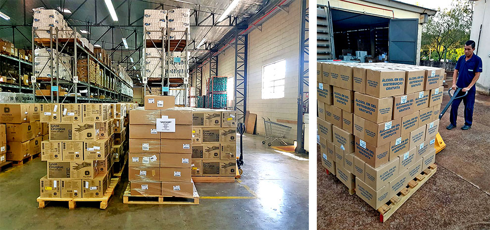 fotos mostram caixas com doações de insumos para o HC da unicamp