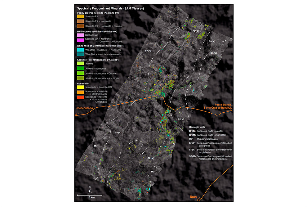 Mapa mineral da área de estudo produzido a partir do processamento digital das imagens hiperespectrais aéreas