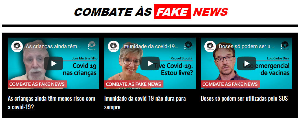 Imagem da faixa Combate às Fake News com 3 vídeos e títulos