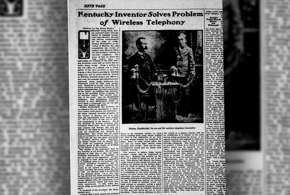 Manchete de um jornal de 1902 sobre a invenção de Nathan Stubblefield (1860-1928)