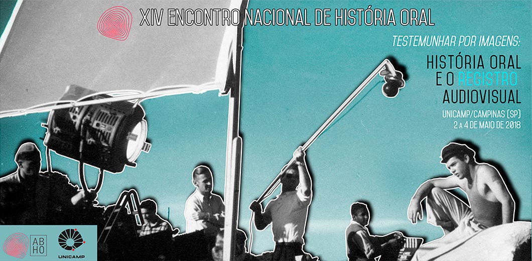 Cartaz do XIV Encontro Nacional de História Oral, com data e local, além de imagem da gravação de uma cena de filme