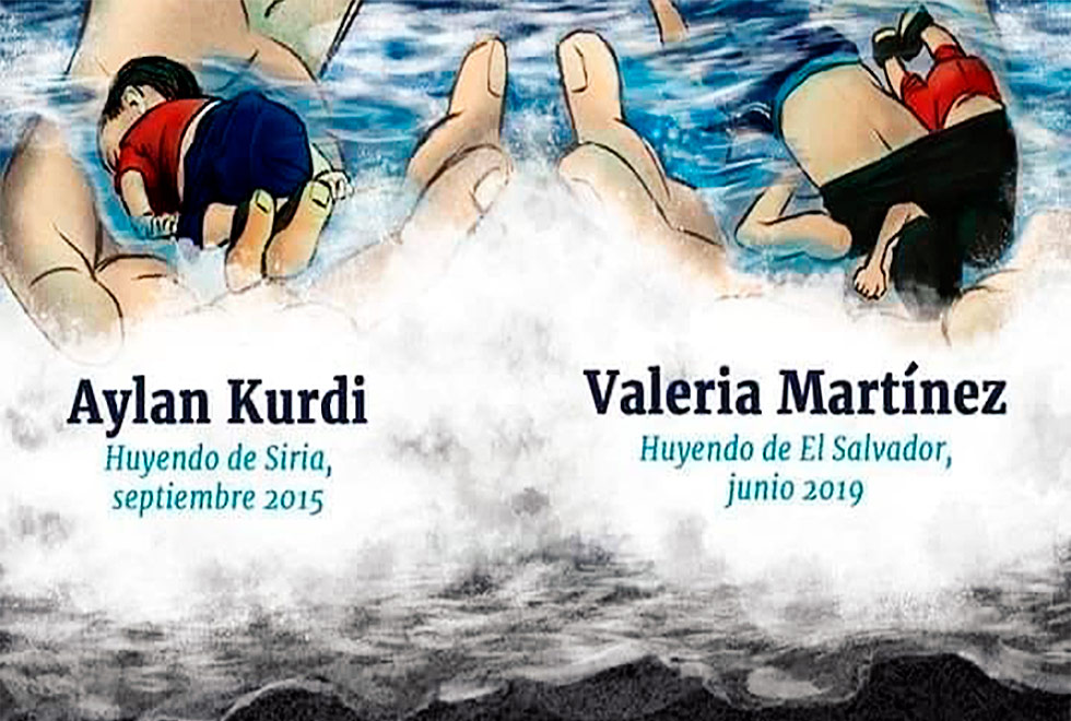 Ilustração mostra duas mãos gigantes, vindas do mar, trazendo os corpos de Aylan e de Valéria e seu pai, sugerindo um paralelo entre as duas trágédias
