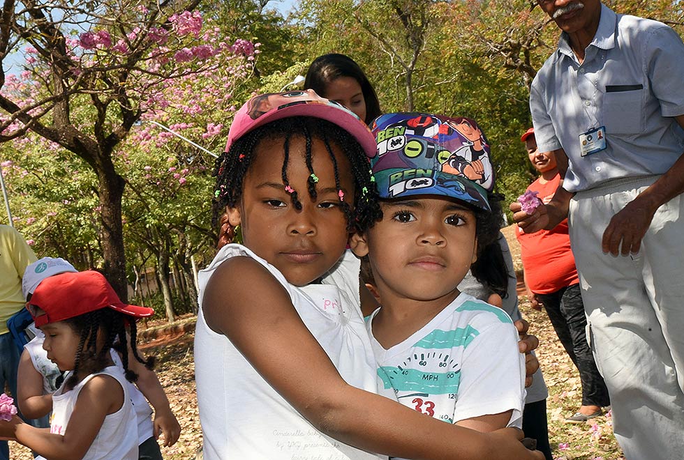 Rafael e Júlia, alunos do Sistema Educativo, se encantam com as árvores