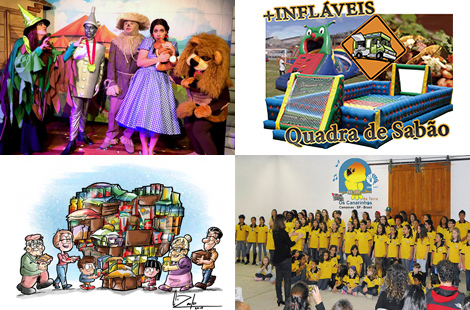 Cartaz com 4 imagens: uma apresentação de teatro, brinquedos infláveis, campanha de alimentos e apresentação do grupo do coral