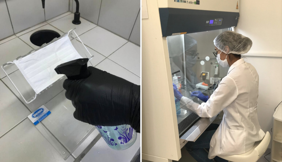 fotos mostram borrifador espirrando um líquido sobre uma máscara e uma cientista manuseando equipamentos em laboratório