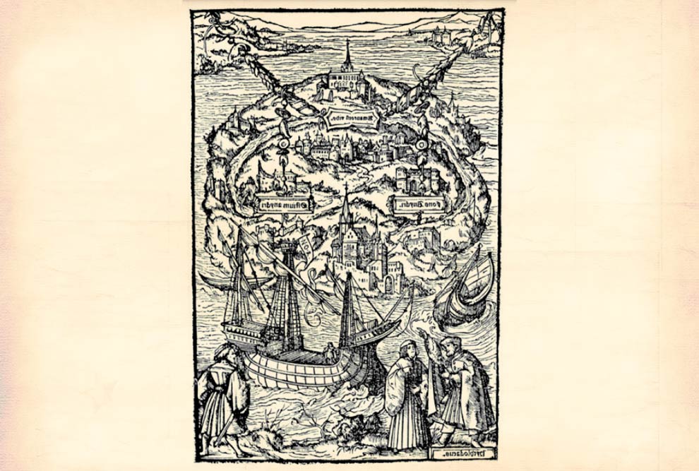 Ilustração em preto e branco que mostra uma ilha com várias construções. Na parte inferior aparece um barco à vela e um grupo de homens conversando.