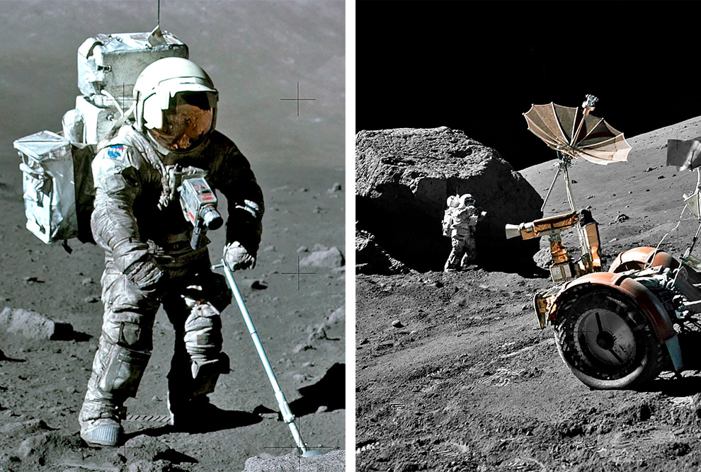 Composição com duas imagens. Na primeira aparece um astronauta coletando rochas na superfície da Lua e na segunda aparece um astronauta coletando material na lua com ajuda de um veículo.