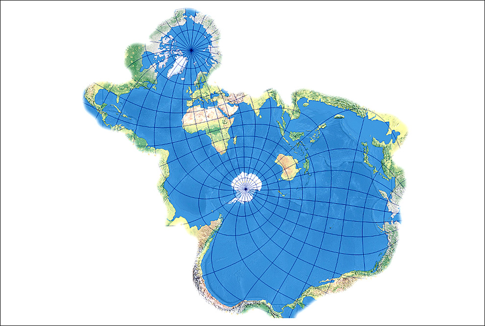 Em 2018, o mapa mundi que dá destaque ao oceano viralizou nas redes sociais. O mapa foi inspirado na projeção de Athelstan F. Spihaus (1942). “Que o oceano mundial é um corpo de água contínuo e relativamente livre intercâmbio entre suas partes é de fundamental importância para a oceanografia. Porque ele cobre mais de dois terços da superfície da Terra, um mapa do oceano mundial é essencialmente um mapa mundi”.  | Crédito: ArcGIS
