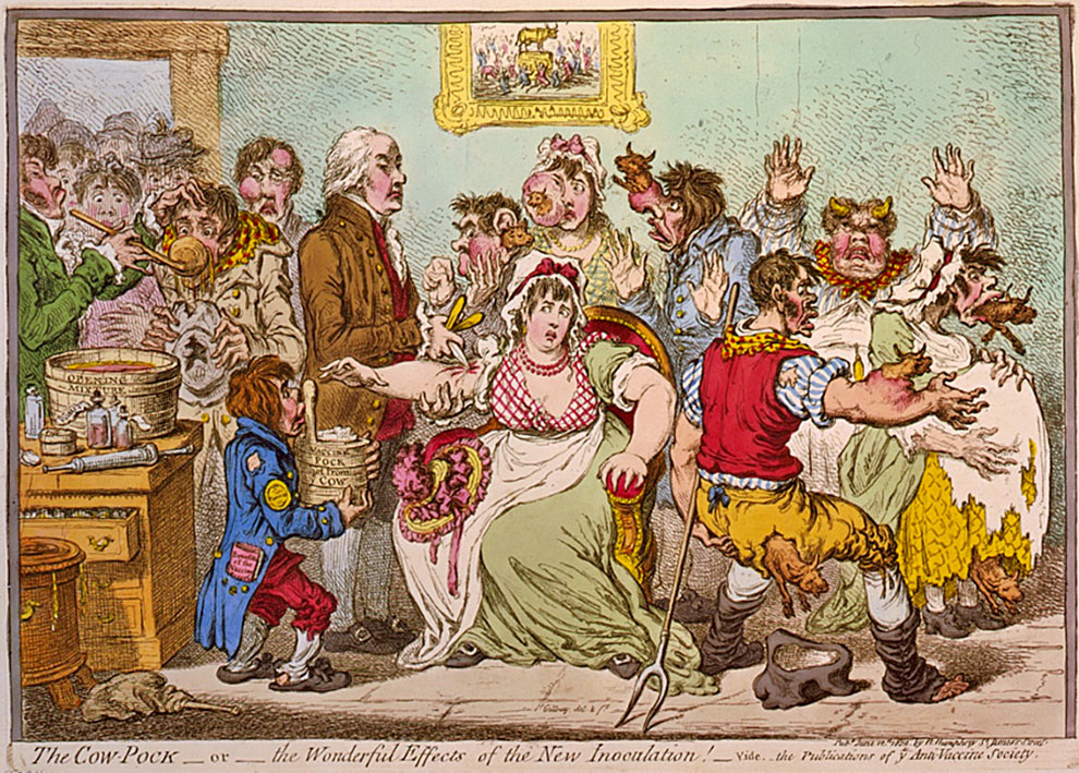“Os maravilhosos efeitos da nova inoculação”, caricatura de James Gillray, 1802