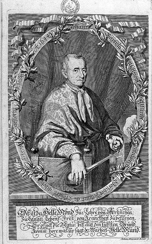 Ilustração em preto e branco que mostra um homem sentado. Ele usa um manto e está segurando uma garrafa de vidro.