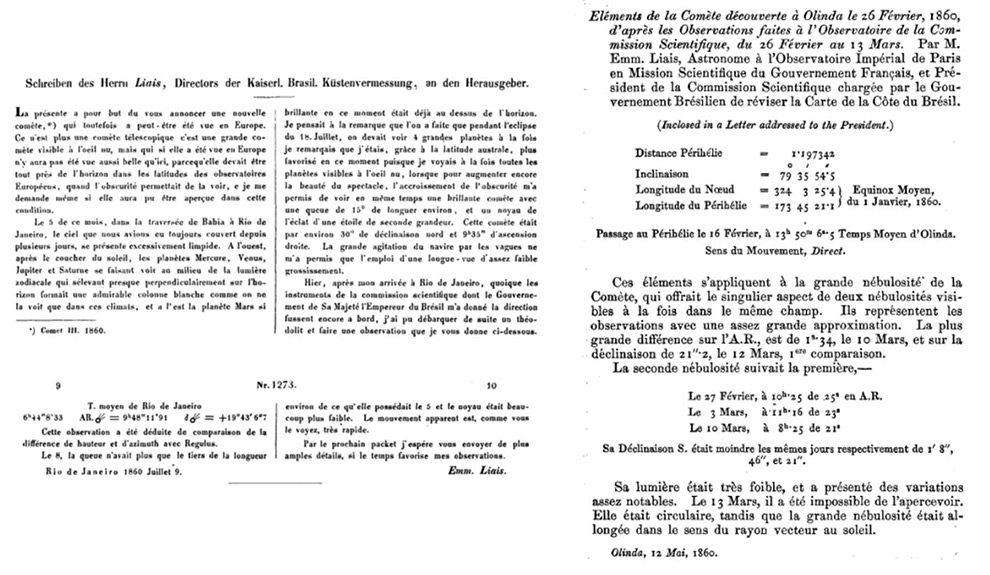 Notas de observações astronômicas de Emmanuel Liais publicadas no periódico alemão “Astronomische Nachrichten”: à esquerda, nota sobre a observação de um cometa visto em todo e, à direita, nota relatando a descoberta de um cometa, o “Olinda”.