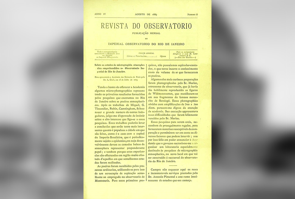 Página inicial de uma edição do periódico científico brasileiro “Revista do Observatório” com uma nota do seu criador, Luis Cruls.