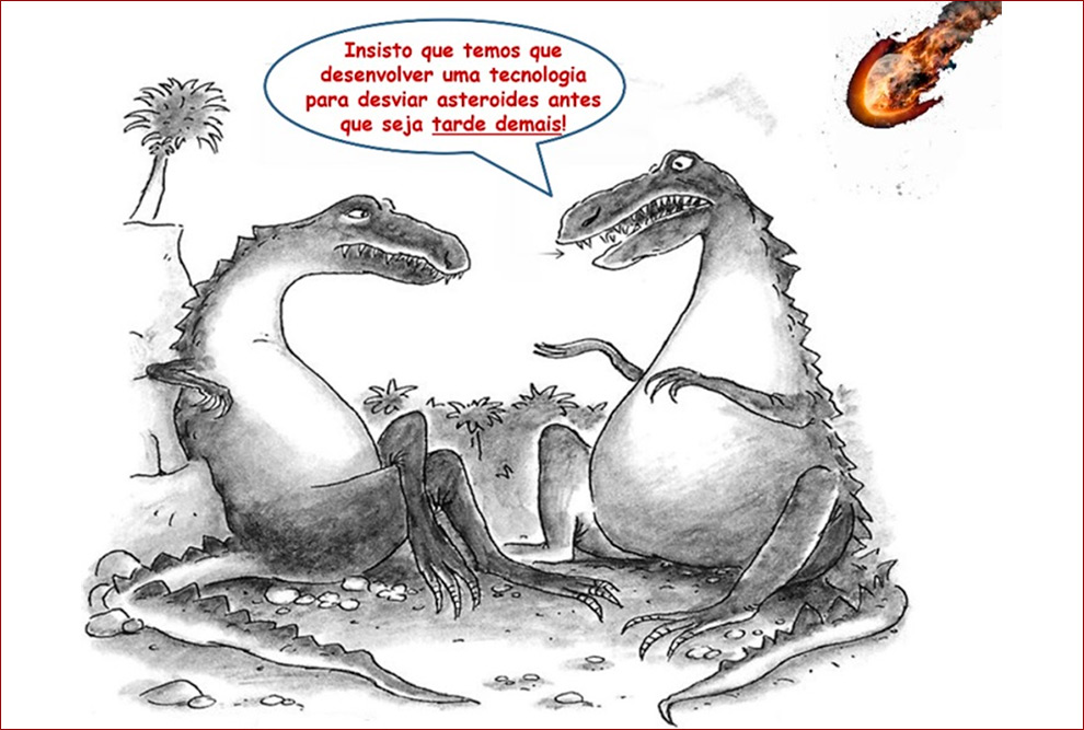 Ilustração mostra dois dinossauros sentados um de frente para o outro, conversando. Ao fundo, à direita há uma bola de fogo no céu que se movimenta em direção à eles.