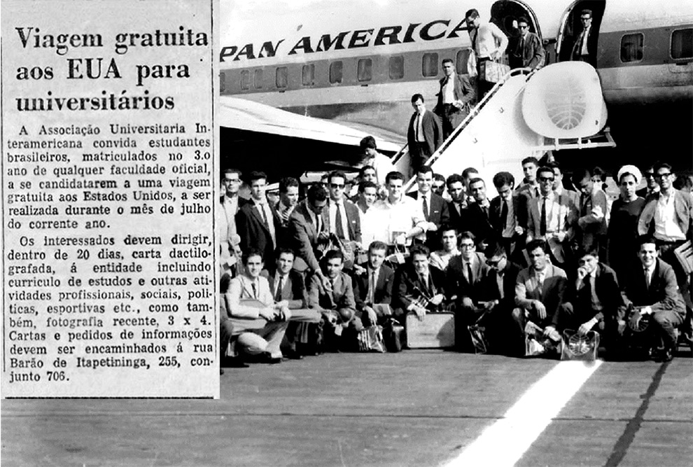 Composição com duas fotos. À esquerda há um recorte de jornal e à direita há uma foto em preto e branco de um grupo de jovens ao lado de um avião.