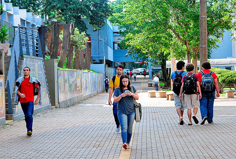 audiodescrição: fotografia colorida de estudantes caminhando pelo campus da unicamp