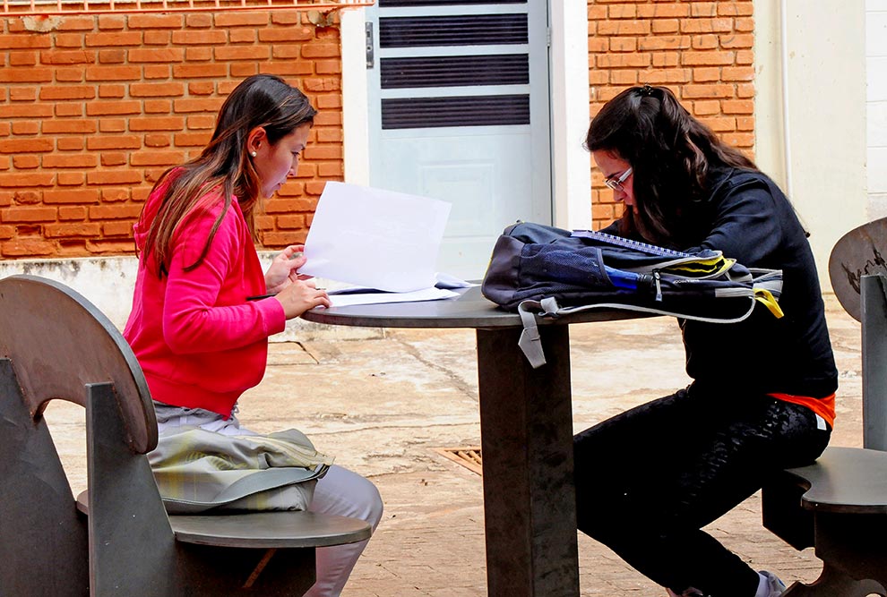 audiodescrição: fotografia colorida mostra duas estudantes estudando ao ar livre, folheando papeis em cima de uma mesa