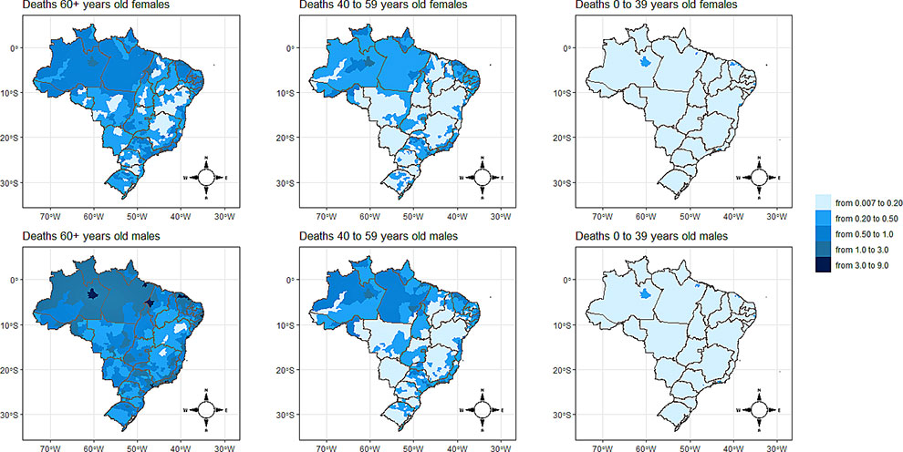 audiodescrição: gráfico colorido com mapas do brasil onde é possível ver os focos de mortalidade da covid, distribuídos por faixa etária