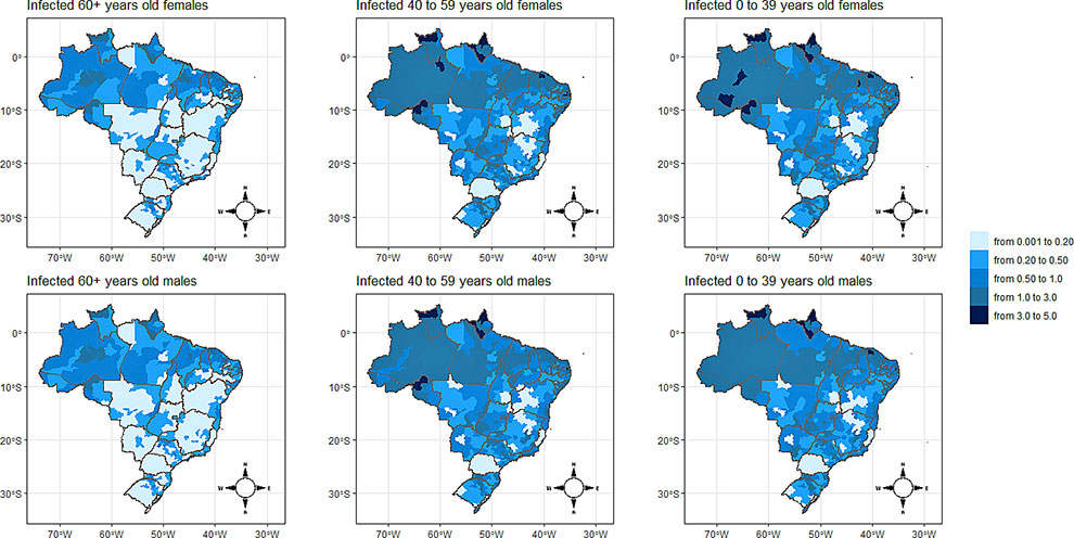 audiodescrição: gráfico colorido com mapas do brasil onde é possível ver os focos de infecção da covid, distribuídos por faixa etária