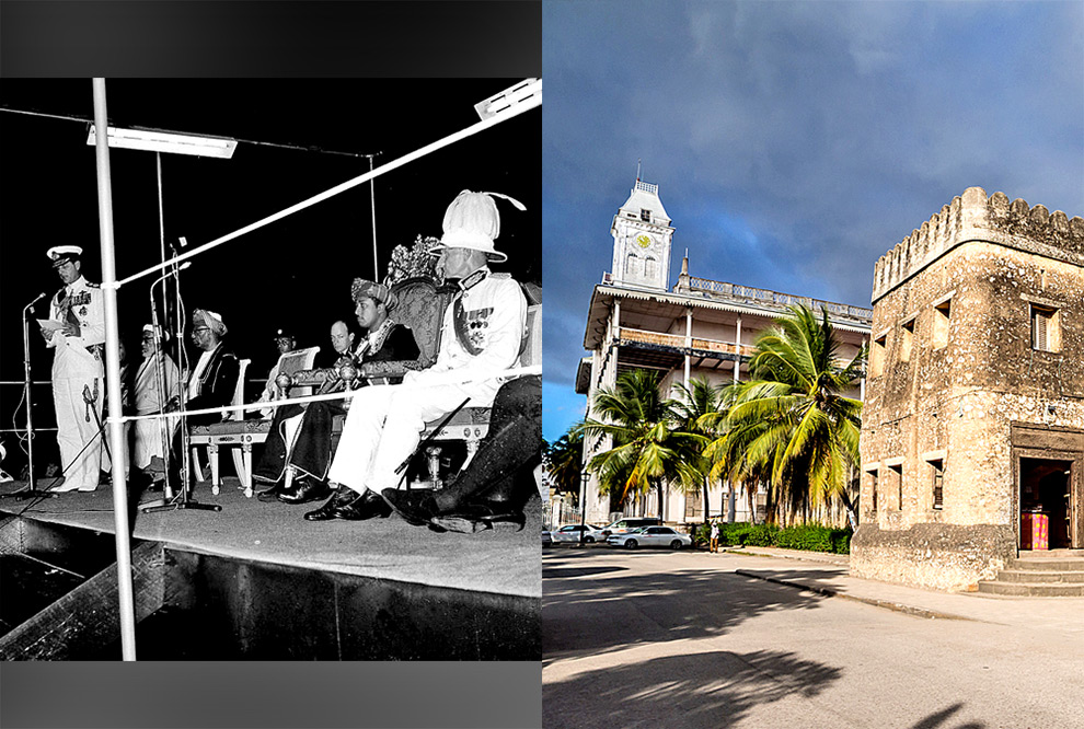 fotos mostram a cerimônia de independência de zanzibar, em preto e branco, e ao lado uma construção histórica da ilha