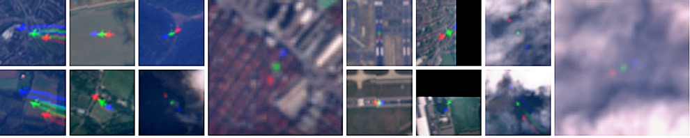 sequência de fotos mostram detecções de voos feitas pelo satélite. Cada detecção tem uma cor