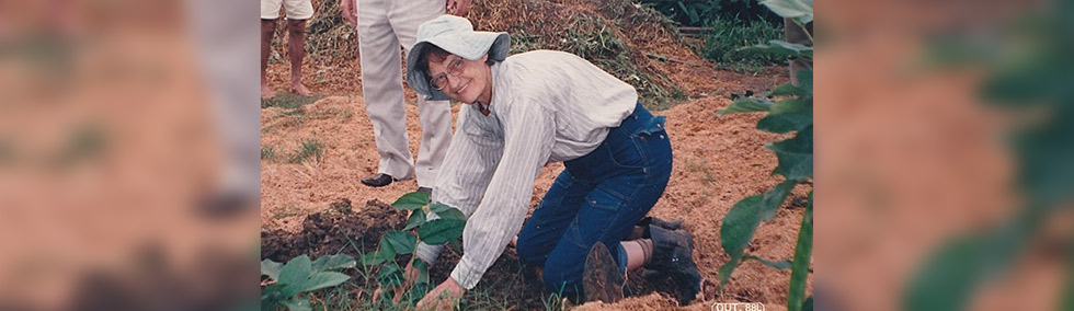 audiodescrição: fotografia colorida de ana primavesi; ela está abaixada trabalhando em uma horta