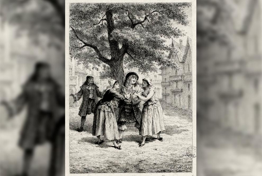 Ilustração em preto e branco que mostra um homem sendo cortejado por duas mulheres.
