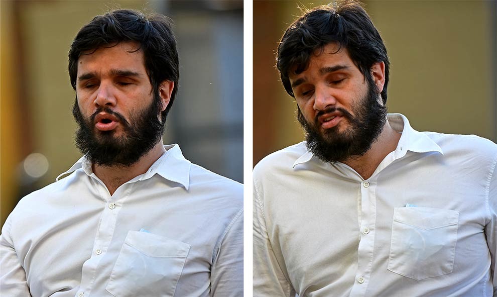 Composição com duas fotos de um homem branco que aparece do pescoço para cima. Ele é branco, tem cabelo e barba pretos e usa uma camisa branca.