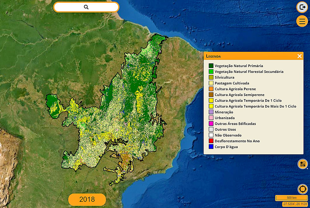 captura de tela mostra mapa disponível pelo sistema terraclass em que áreas do cerrado são monitoradas