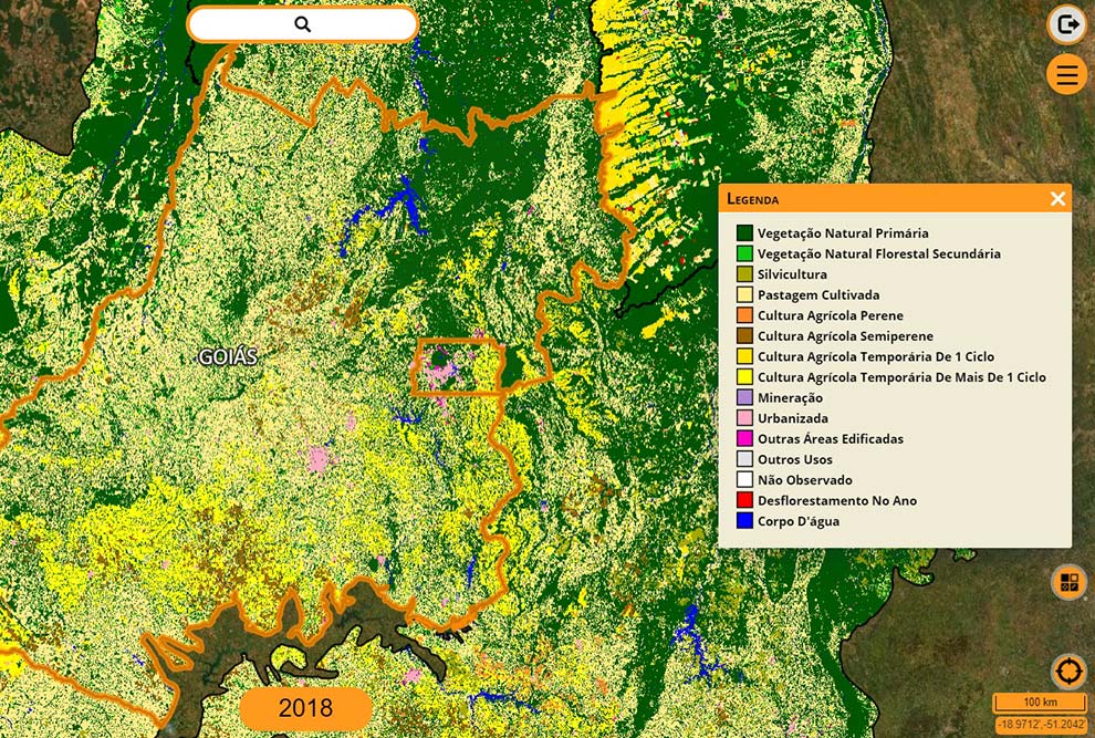 captura de tela mostra mapa disponível pelo sistema terraclass em que áreas do cerrado são monitoradas