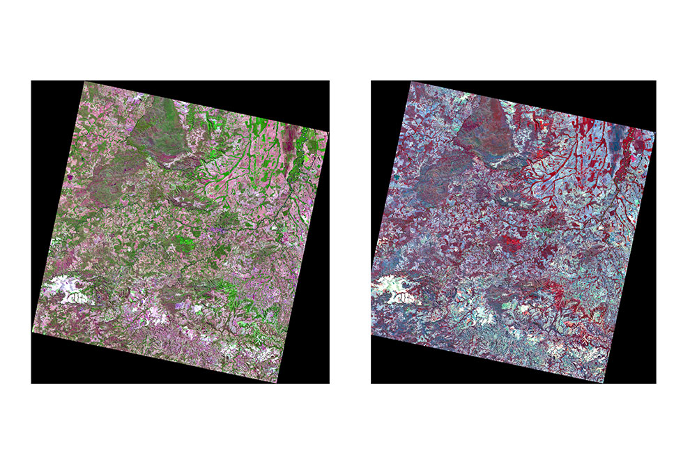 imagem mostra duas fotos feitas por satélites em que é possível distinguir áreas naturais e áreas desmatadas