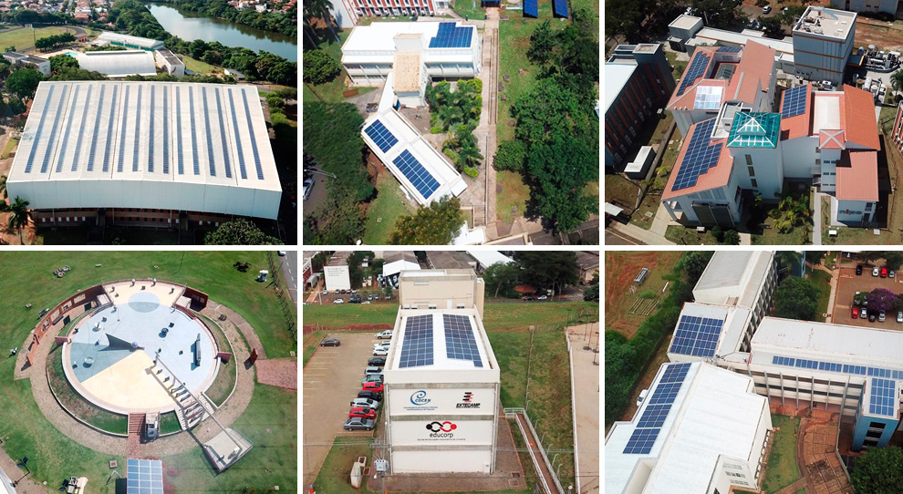 audiodescrição: montagem de fotografias coloridas que mostram paineis fotovoltaicos pelo campus da unicamp; as fotos são áreas