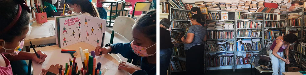 audiodescrição: montagem com duas fotografias coloridas; uma mostra crianças realizando atividades de desenho e outra mostra a biblioteca do assentamento marielle vive