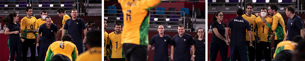 sequência de fotos mostram alessandro dando comandos para a equipe em quadra durante partida de goalball