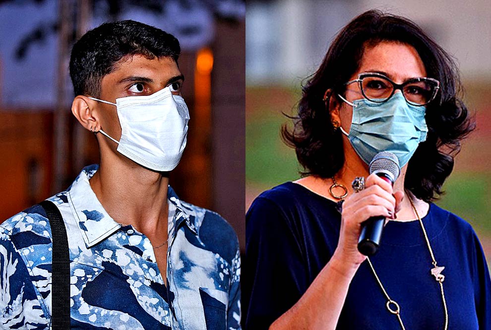 foto mostra à esquerda o aluno João felipe rufatto, vestindo camisa azul e com máscara, e à direita ana carolina maciel, com vestido azul, óculos e máscara