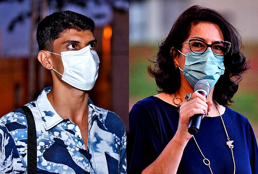 foto mostra à esquerda o aluno João felipe rufatto, vestindo camisa azul e com máscara, e à direita ana carolina maciel, com vestido azul, óculos e máscara 