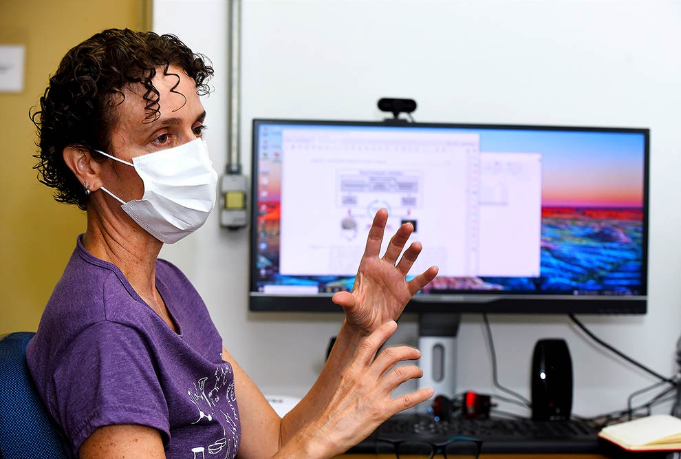 foto mostra professora gabriela castellano. ela usa camiseta roxa, máscara e está em frente a um computador