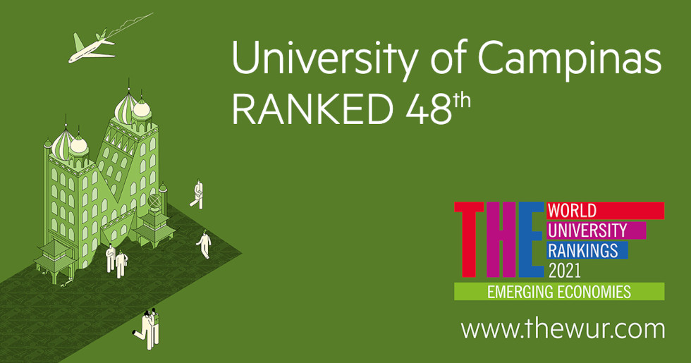 audiodescrição: ilustração colorida com fundo verde e os dizeres indicando a 48ª posição da UNicamp no ranking Times Higher Education, que avaliou 606 universidades
