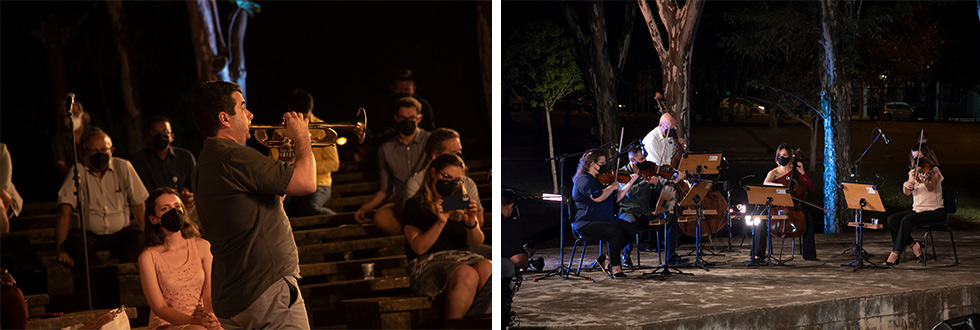 montagem de fotos mostram o professor paulo ronqui tocando trompete e o quinteto de cordas da orquestra sinfônica da unicamp
